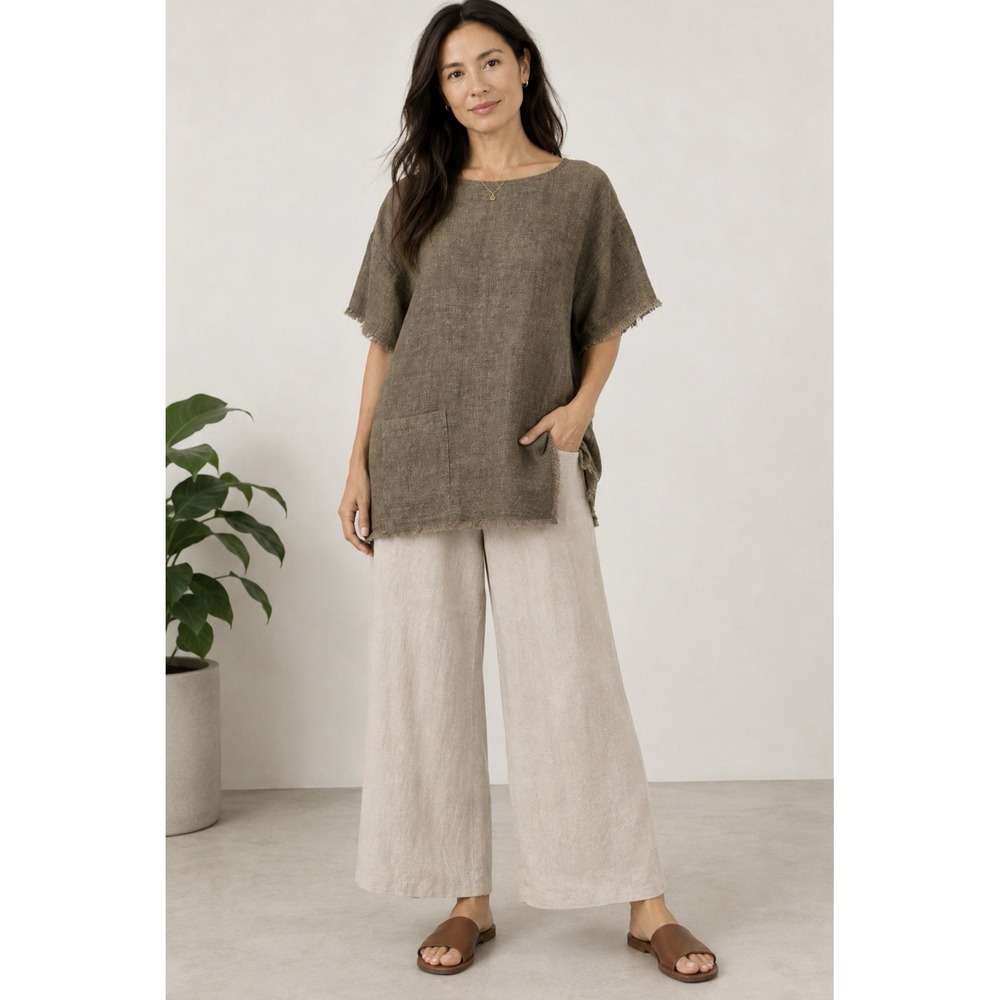 NEW! Eileen Fisher Linen Oversized Top Short Sleeve Pocket Fringe Hem Olive XS